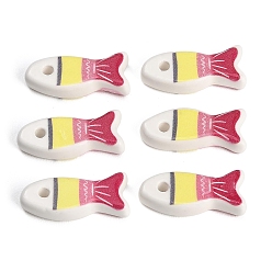 Pink Printed Handmade Porcelain Pendants, Fish Charms, Pink, 26.5x11x6.5mm, Hole: 2.5mm