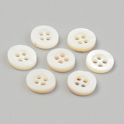 Seashell Color Natural 4-Hole Freshwater Shell Buttons, Flat Round, Seashell Color, 9x2mm, Hole: 1.5mm