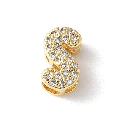 Letter S Латунные микро-паве прозрачные кубические цирконии начальные многорядные звенья, реальный 18 k позолоченный, без свинца и без кадмия, долговечный, стойки покрытие, Письмо с, 10x5~9.5x4.5~5 мм, отверстие : 1.5~3.2x2~8 мм