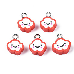 Red Handmade Polymer Clay Charms, with Platinum Plated Iron Loop, Cloud with Smile, Red, 11~14x9~11.5x4mm, Hole: 1.8mm