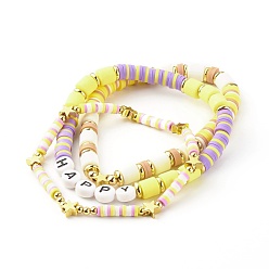 Yellow Handmade Polymer Clay Beads Stretch Bracelets Sets, with Brass Beads and Acrylic Enamel Beads, HAPPY, Yellow, Inner Diameter: 2-1/8 inch(5.5cm), 3pcs/set