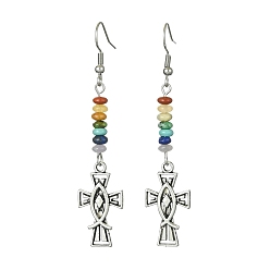 Mixed Stone Alloy Enamel Cross Dangle Earrings, Natural & Synthetic Mixed Gemstone Beaded Chakra Theme Earrings, 65x14mm
