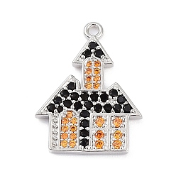 Platinum Rack Plating Brass Cubic Zirconia Pendants, Lead Free & Cadmium Free, Long-Lasting , House Charm, Platinum, 20x15x1.6mm, Hole: 1.2mm