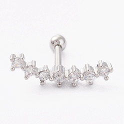 Платина Латунные серьги-хрящи со штангой из прозрачного кубического циркония с микропаве, с 304 штифтов из нержавеющей стали, платина, 12.5x17 мм, штифты : 1.2 мм