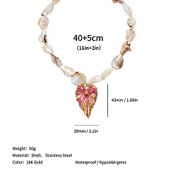 Leaf Ocean 304 Stainless Steel Pendant Natural Shell Nuggets Beaded Necklaces for Women, Real 18K Gold Plated, Seashell Color, Leaf, 16.54 inch(42cm), pendant: 43x28mm