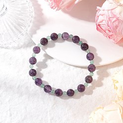 Аметист Круглые эластичные браслеты из натурального зеленого авантюрина и аметиста для женщин, внутренний диаметр: 2-3/8 дюйм (5.9 см)