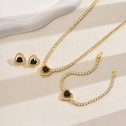 Черный Женские латунные браслеты, серьги-гвоздики и подвески из кубического циркония с микропаве из латуни., сердце, золотые, чёрные, ожерелья: около 16.54 дюйма (42 см)