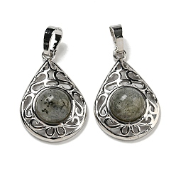 Лабрадорита Природные подвески лабрадорита, покрытие стойки латунные полые слезы подвески, без кадмия и без свинца, платина, 29.5x19.5x7.5 мм, отверстие : 7.5x5 мм