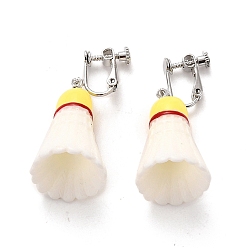 White Resin Clip-on Earrings, with Platinum Iron Screw Clip Earring, Badminton, White, 44mm, Pin: 1.5mm