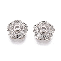 Платина Колпачки для бусин из прозрачного кубического циркония из латуни, цветок, платина, 7.5x8x2.5 мм, отверстие : 1.2~1.4 мм