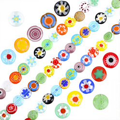 Разноцветный 4 Нити плоских круглых бусин из стекла миллефиори ручной работы, один цветочный дизайн, красочный, 6x2.5 мм, отверстие : 1 мм, около 64~68 шт / нитка, 14.5~15.1'' (36.83~38.1 см)