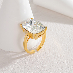 Настоящее золото 18K 304 Открытые кольца-манжеты из нержавеющей стали с одинарным кубическим цирконием для женщин, прямоугольные, реальный 18 k позолоченный, размер США 7 1/4 (17.5 мм)