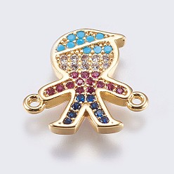 Golden Brass Micro Pave Cubic Zirconia Links, Boy, Colorful, Golden, 15x15x2mm, Hole: 1mm