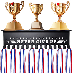 Black Iron Wall-mounted Medal Holder, Rectangle with Word Never Give Up, Black, 80x300x49.5mm, Hole: 4mm