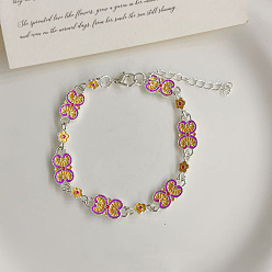 Dark Orchid Alloy Enamel Link Chain Bracelets, Butterfly, Silver Color Plated, Dark Orchid, 6.69 inch(17cm)