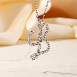Letter L Элегантные модные латунные ожерелья с подвесками в виде алфавита из микропаве из прозрачных кубических цирконий, серебряный цвет гальваническим, Письмо L, 15.75 дюйм (40 см)