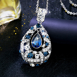 Платина Длинные ожерелья из легированной стали со слезоточивым эффектом и синим стеклом для женщин, платина, 31.50 дюйм (80 см)