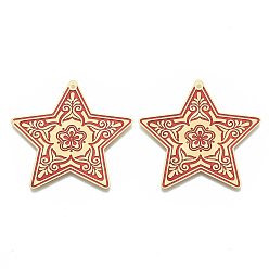 FireBrick Brass Enamel Big Pendants, Etched Metal Embellishments, Matte Gold Color, Star with Flower, FireBrick, 50x50x0.3mm, Hole: 1.6mm