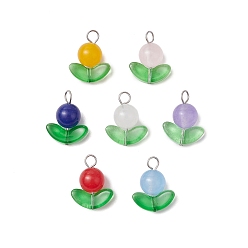 Нержавеющая Сталь Цвет Подвески из малайзийского нефрита натурального окрашенного цвета, подвески-цветы со стеклянными листьями, разноцветные, цвет нержавеющей стали, 18x14x8.5 мм, отверстие : 2 мм