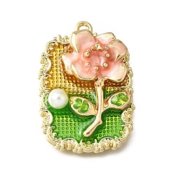 Разноцветный Подвески из эмали и сплава, с ABS имитации жемчуга, прямоугольник с цветочной подвеской, стойки покрытие, долговечный, без свинца, без кадмии и без никеля, золотые, красочный, 27x19x6 мм, отверстие : 1.5 мм