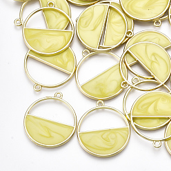 Yellow Alloy Pendants, with Enamel, Flat Round, Light Gold, Yellow, 29x26x2mm, Hole: 1.8mm
