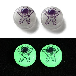 Белый Светящиеся акриловые бусины, плоский раунд с космонавтом, светится в темноте, белые, 10x5 мм, отверстие : 1.8 мм