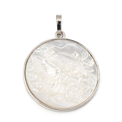 White Shell Rack Plating Carved Natural White Shell Pendants, Flat Round with Butterfly Charm, with Brass Findings, 30x27x30mm, Hole: 5.5x3.5mm