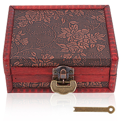 Red Flower Embossed Vintage Wood Jewelry Treasure Chest, Wooden Storage Boxes for Trinket, with Iron Lock and Key, Rectangle, Red, 14.4x11.5x6.45cm