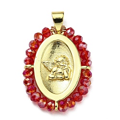 (123L) Белый крем непрозрачный блеск Латунь со стеклянными подвесками, без кадмия и без свинца, реальный 18 k позолоченный, овальной формы с ангелом рисунком, огнеупорный кирпич, 25~26x19~19.5x3~3.5 мм, отверстие : 3x3.5 мм