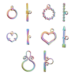 Rainbow Color PVD Vacuum Plating 304 Stainless Steel Toggle Clasps, Mixed Shapes, Rainbow Color, 5sets/box