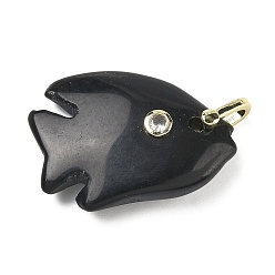 Обсидиан Резные подвески из натурального обсидиана, Подвески в виде рыбок с фианитами и латунной фурнитурой, золотые, стойки покрытие, 32~33.5x23.5~24.5x8~8.5 мм, отверстие : 5x6 мм