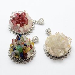 Quartz Crystal Natural Quartz Crystal Pendants, with Silver Tone Brass Findings, Flower, 38x22.5mm, Hole: 5x7mm
