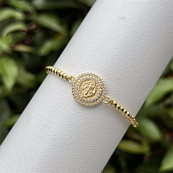 Human Bracelet coulissant ajustable en laiton avec micro-pavé de zircon cubique transparent et chaîne à billes, Bracelets religieux à maillons pour femmes, réel 18 k plaqué or, Saint benedict, 5.91 pouces (15 cm) ~9.84 pouces (25 cm)