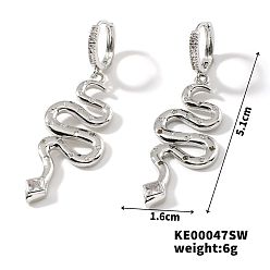 Платина Элегантные полые медные серьги-кольца с камнями цирконом, змея, платина, 51x16 мм