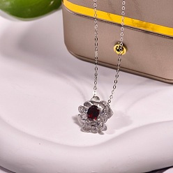 Гранат 925 Женские кулоны-цветы из стерлингового серебра с прозрачными кубическими цирконами и натуральными гранатами, серебряный цвет гальваническим, 17.72 дюйм (45 см)