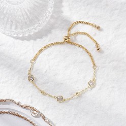 Золотой Регулируемые латунные цепочки с плоскими круглыми звеньями из прозрачного кубического циркония, браслеты из цепочек панцирного плетения для женщин, с пластиковым круглым брелоком ccb, золотые, 10-3/4 дюйм (27.4 см)