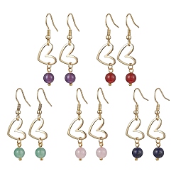 Mixed Stone Natural Mixed Gemstone Dangle Earrings, Golden Brass Heart Drop Earrings, 41x11mm