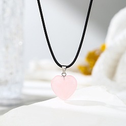 Розовый Кварц Кулон в форме сердца из натурального розового кварца на черном шнурке., украшения с целебными кристаллами для мужчин и женщин, платина, 17.32 дюйм (44 см)