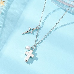 Платина Женские ожерелья с подвеской в виде креста и звезды из латуни, платина, 16.61 дюйм (42.2 см)