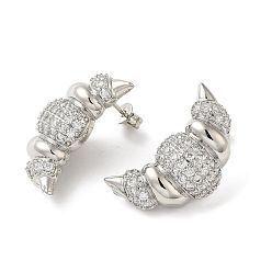 Платина Серьги-гвоздики из латуни с микро-паве и кубическим цирконием для женщин с стойкой для круассанов, долговечный, без свинца и без кадмия, платина, 25x16 мм