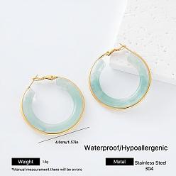 Aquamarine 304 Stainless Steel Resin Hoop Earrings for Women, Round, Golden, Aquamarine, 40x40mm