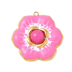 Ярко-Розовый Крашеные натуральный белый нефрит подвески, подвески-цветы из эмали из нержавеющей стали, реальный 18 k позолоченный, ярко-розовый, 22x22x5.5 мм, отверстие : 1.4 мм