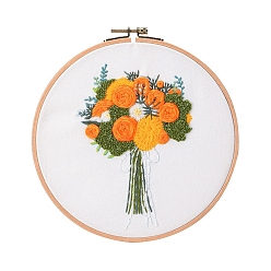 Orange Flower Pattern DIY Embroidery Starter Kits, Including Embroidery Cloth & Thread, Needle, Instruction Sheet, Orange, 330x330mm
