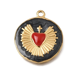 Черный 304 подвески из нержавеющей стали, с эмалью, плоские круглые подвески с сердечками, реальный 18 k позолоченный, ионное покрытие (ip), чёрные, 21x18x2.5 мм, отверстие : 1.6 мм