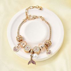 Золотой Сплав европейские бусины браслеты с подвесками, браслеты из змеиной цепи для женщин, рыбий хвост и сердце, со смолой, стразами и искусственным жемчугом из АБС, без свинца и без кадмия, золотые, 7-1/2 дюйм (19 см)