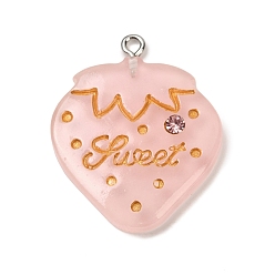 Pink Непрозрачные подвески смолы, клубника со словом сладкая, золотой металл обвитыми, со стразами и платиновыми железными петлями, розовые, 33.5x26.5x4.5 мм, отверстие : 2 мм