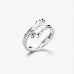 Platinum Adjustable Rhodium Plated 925 Sterling Silver Couple Rings for Woman, Cuff Rings, Open Rings, for Valentine's Day, with 925 Stamp, Arms To Hug, Platinum, Size 4, Inner Diameter: 13mm