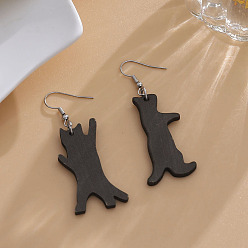 Cat Shape Деревянные серьги на Хэллоуин, с серьгами из нержавеющей стали и крючком, платина, чёрные, форма кошки, 70x26 мм