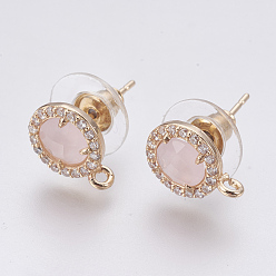 Pink Серьги из граненого стекла, с петлей, Находки из кубического циркония, плоско-круглые, золотой свет, розовые, 12x9x4 мм, отверстия: 1.2 мм, штифты: 0.8 мм