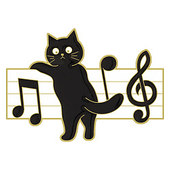 Musical Note Black Cat Enamel Pin, Golden Alloy Badge for Backpack Clothes, Musical Note Pattern, 22x30mm